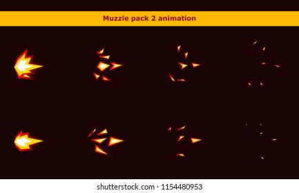 Vector Fire Weapon Muzzle Explosion Animation Frames For Game Or Cartoon Effect In Video, Presentation, Poster, Banner, Ads. Vector Illustration