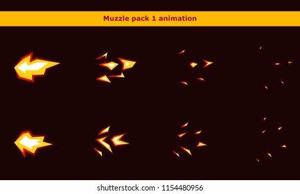 Vector Fire Weapon Muzzle Explosion Animation Frames For Game Or Cartoon Effect In Video, Presentation, Poster, Banner, Ads. Vector Illustration