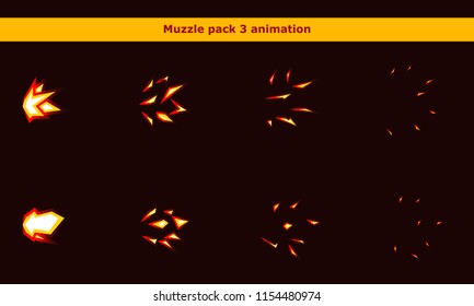 Vector Fire Weapon Muzzle Explosion Animation Frames For Game Or Cartoon Effect In Video, Presentation, Poster, Banner, Ads. Vector Illustration