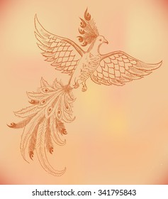 Vector firebird hand-drawn illustration, red phoenix drawing background