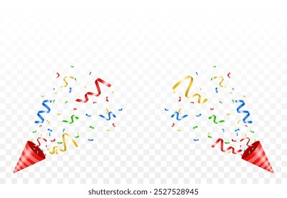 Vector firecracker with confetti. Serpentine or confetti flies out from a cracker on an isolated transparent background. Firecracker png.