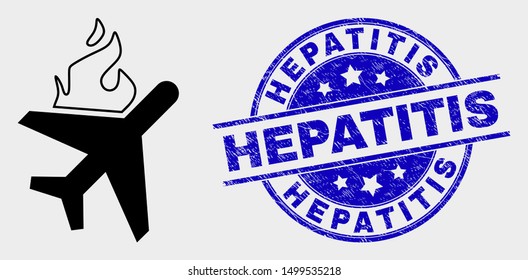 Vector fired airplane icon and Hepatitis watermark. Red rounded scratched watermark with Hepatitis caption. Vector composition in flat style. Black isolated fired airplane icon.