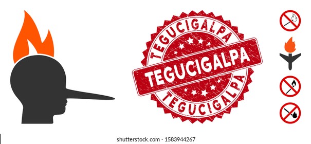 Vector fired liar icon and distressed round stamp seal with Tegucigalpa text. Flat fired liar icon is isolated on a white background. Tegucigalpa stamp seal uses red color and grunged design.