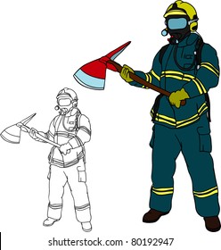 vector - firefighter with axe , hand draw, isolated on background