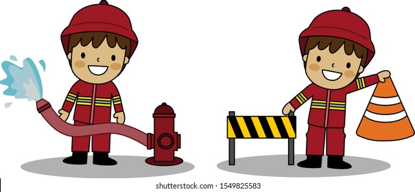 vector of firefighter boy who is a rescuer extensively trained in firefighting and his tools in cartoon character design illustration