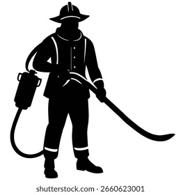 Bombero de Vector con silueta de bombero sosteniendo la manguera y usando casco de equipo de protección. Diseño escalable adecuado para diversas aplicaciones.