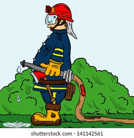 vector - firefighter with hose ready for action