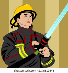 vector of a firefighter in uniform wearing head protection holding a fire hose