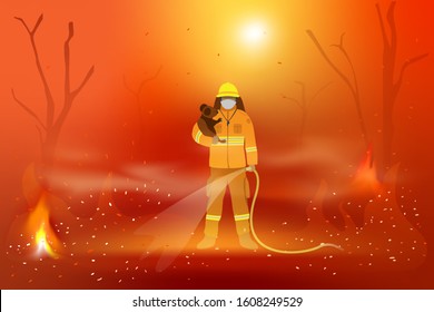 Vector Of Firefighters Carrying Koalas And Carrying Water Tube In The Midst Of Forest Fires Pray For Australia Concept