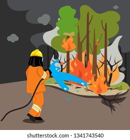 Vector of firefighters are extinguishing the wildfire.
