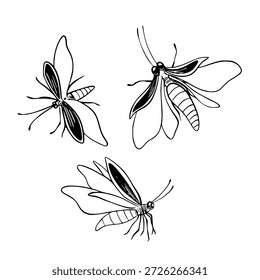 Vagalumes vetoriais desenhados no estilo de linha gráfica. Desenho linear de noite Insetos para cenas místicas, desenhos de contos de fadas, tatuagens, cartazes, impressões, ícones, projetos de folclore. Gravura pintada por tintas.