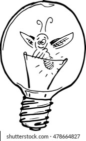 Vector firefly in light bulb. Doodle light concept. Incandescent lamp with a firefly. Hand drawn firefly inside an electric bulb.