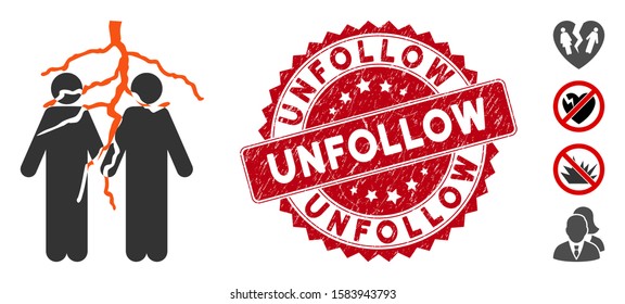 Vector firend conflict icon and distressed round stamp seal with Unfollow phrase. Flat firend conflict icon is isolated on a white background. Unfollow stamp seal uses red color and distress design.