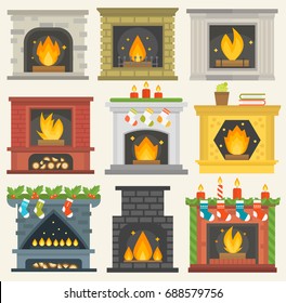 Vector fireplace isolated house room warm christmas decoration