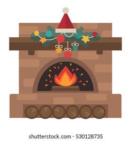 Vector fireplace. Merry Christmas and harry New Year holiday decoration illustration.