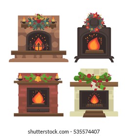 Vector fireplace. Merry Christmas and harry New Year holiday decoration illustration set.