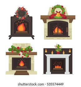 Vector fireplace. Merry Christmas and harry New Year holiday decoration illustration set.