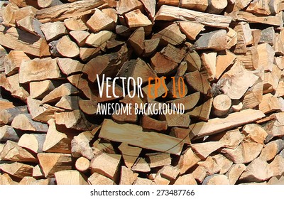 Vector firewood background. Chopped firewood on a stack