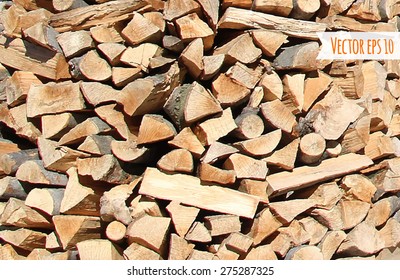 Vector firewood background. Chopped firewood on a stack