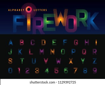 Vector of Firework Alphabet Letters and numbers, Modern Colorful line stylized Lettering, Condensed Fonts set for Celebrate, Party, Fashion. Carnival Festival, Entertainment, Happy new year,  Fun Fair