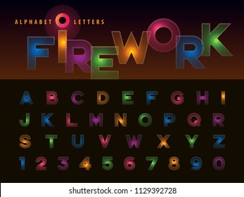 Vector of Firework Alphabet Letters and numbers, Modern Colorful line stylized Lettering, Fonts set for Celebrate, Party, Fashion. Carnival Festival, Entertainment, Happy new year, Fun Fair, Promotion