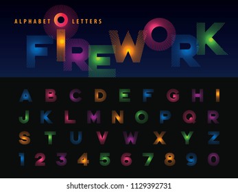 Vector of Firework Alphabet Letters and numbers, Modern Colorful line stylized Lettering, Fonts set for Celebrate, Party, Fashion. Carnival Festival, Entertainment, Happy new year, Fun Fair,Promotion
