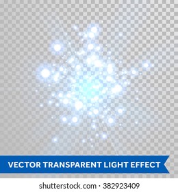 Vector firework blaze sparks with bokeh optical effect. Blue glowing particles of light. Shimmer scatter on transparent background