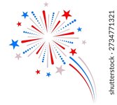 Vector firework design on white background. Fireworks celebration. Patriotic Fireworks Fourth of July Stars Red Blue 4th of July Fireworks. Patriotic fireworks icon in cartoon style isolated on white background. Patriot day symbol