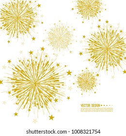 Vector firework design on white background with scattered stars and sparkles. Bright festive decoration.