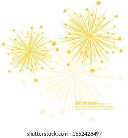 Vector firework design on white background with scattered stars and sparkles. Bright festive decoration.