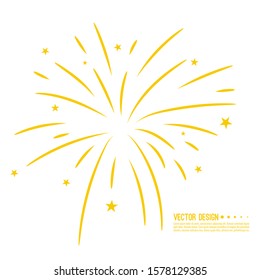 Vector firework design on white background with scattered stars and sparkles. Bright festive decoration.