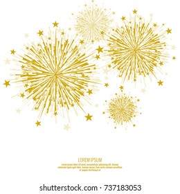 Projeto de fogos de artifício vetorial em fundo branco com estrelas espalhadas e brilhos. Decoração festiva brilhante.