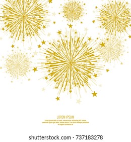 Vector firework design on white background with scattered stars and sparkles. Bright festive decoration.