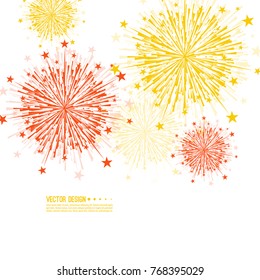 Vector firework design on white background with scattered stars and sparkles. Bright festive decoration.