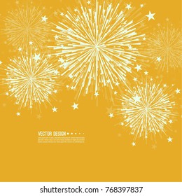 Vector firework design on white background with scattered stars and sparkles. Bright festive decoration.