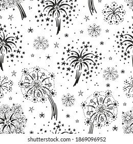 Vector Firework. Holiday Seamless Pattern. Hand Drawn Doodle Fireworks and Stars. Festive Party Background