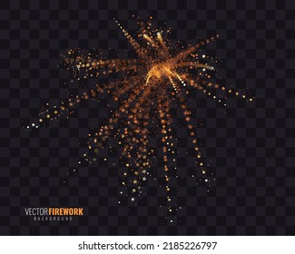 VektorFirework. Weihnachtsgeschenk-Hintergrund fürs neue Jahr. Feuerwerk-Partikel-Lichteffekt einzeln auf transparentem dunklem Hintergrund. Vektorgrafik. 