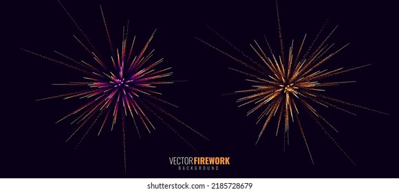 Fuego vectorial. Antecedentes de la celebración de Navidad de Año Nuevo. Efecto de luz de partículas de fuegos artificiales aislado en fondo oscuro transparente. Ilustración vectorial. 