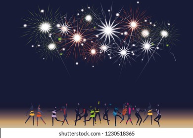vector firework on night beach background.celebration.end year.