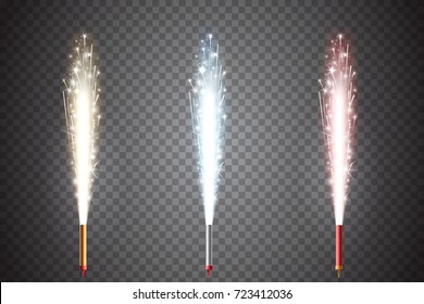 Vector firework set. Fountain of sparks. Decorative fireworks. Golden, blue and red sparkling pillar of fire isolated on transparent background. Element of New Year's and christmas celebration.