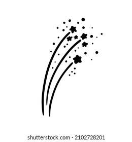 Los fuegos artificiales del vector reventaron la ilustración de dibujos animados con dibujos a mano, con estrellas brillantes cayendo y puntos aislados en fondo blanco.