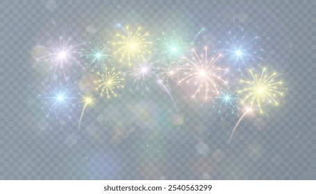 Vector Fireworks. Colorful explosion of multicolored bright fireworks lights on transparent background.