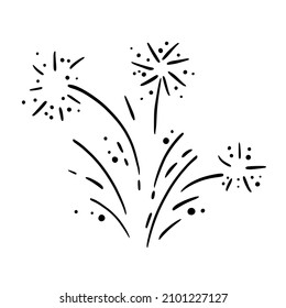 Vector Fireworks Illustration Isolated On White In Doodle Comic Scribble Sketch Style. Holiday Sparkling Burst Party In The Sky.