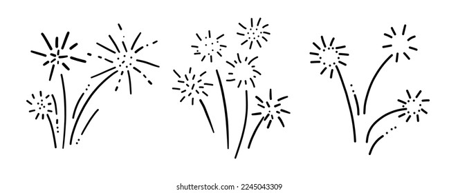 Vector fireworks illustration isolated on white in doodle comic scribble sketch style. Holiday sparkling burst party in the sky.