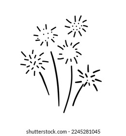 Vector fireworks illustration isolated on white in doodle comic scribble sketch style. Holiday sparkling burst party in the sky.