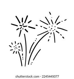 Vector fireworks illustration isolated on white in doodle comic scribble sketch style. Holiday sparkling burst party in the sky.