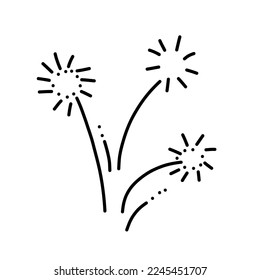 Vector fireworks illustration isolated on white in doodle comic scribble sketch style. Holiday sparkling burst party in the sky.