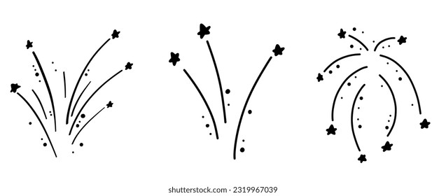 Vector fireworks illustration isolated on white in doodle comic scribble sketch style. Holiday sparkling burst party in the sky.