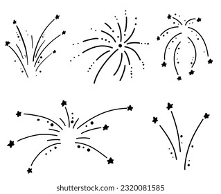 Vector fireworks illustration isolated on white in doodle comic scribble sketch style. Holiday sparkling burst party in the sky.