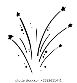 Vector fireworks illustration isolated on white in doodle comic scribble bullet journal sketch style. Holiday sparkling burst party in the sky.